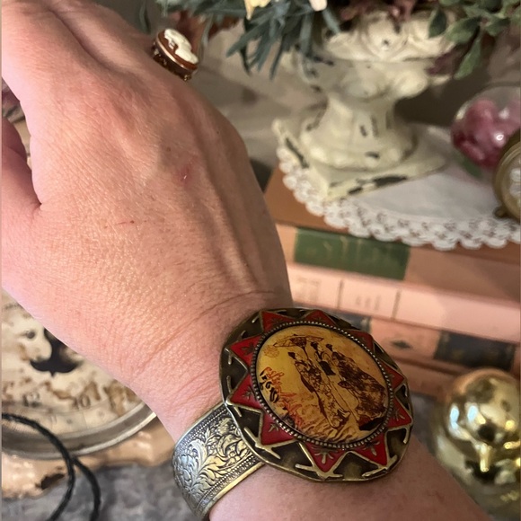 Vintage Antique? Brass Porcelain Asian Cuff Bracelet Floral etching Geisha Boho - Picture 7 of 10
